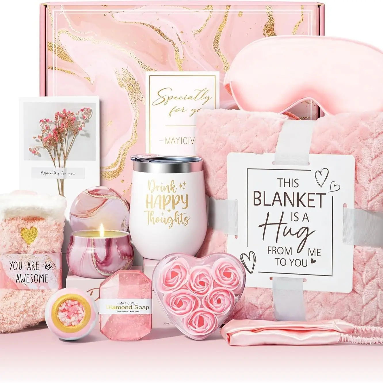 Hug-in-a-Box 10pcs Self Care Gift Set, Gift Pack Set, Perfect Gift Bundle, Mother's Day Gift for Her, Flannel Blanket, 12oz Tumbler, Scented Candle & Spa Kit, Relaxing Pamper Gift for Mom, Wife, Girlfriend, Teacher, Employee Appreciation & Anniversary
