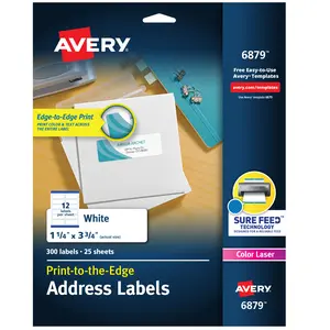 Avery Print-to-the-Edge Printable Address Labels, 1.25" x 3.75", Matte White, Sure Feed Technology, Laser & Inkjet Compatible, 300 Labels (6879)