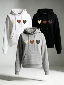 Women's Plus Size fashion Waffle Hoodie Heart Embellishments Print Graphic Sweatshirt,Casual Long Sleeve Drawstring Hooded Sweatshirt Top for Daily Wear