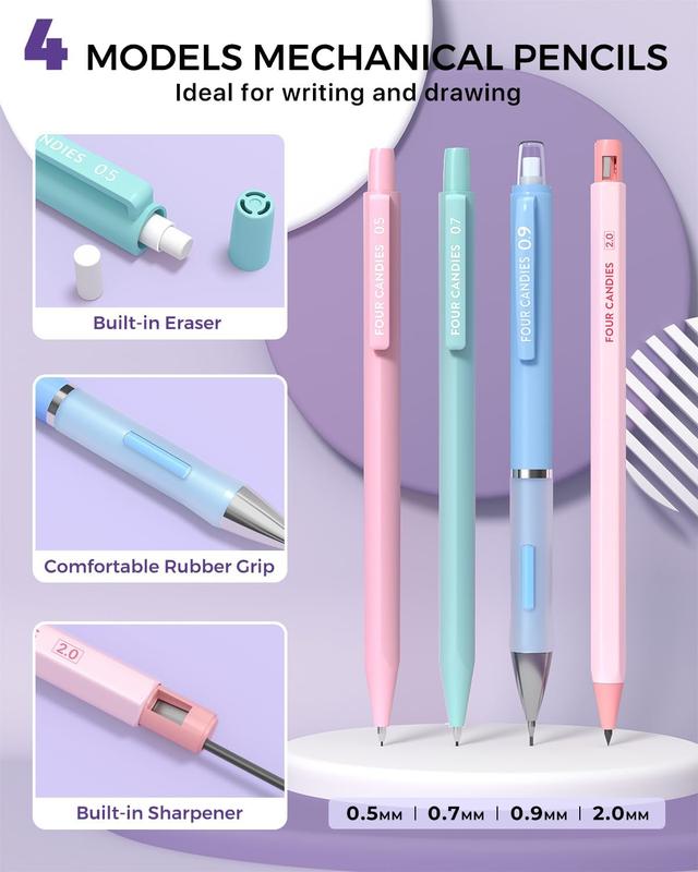 36PCS Aesthetic School Supplies, Mechanical Pencils 0.5mm, 0.7mm, 0.9mm & 2.0mm with 624PCS Lead Refills, Cute Mechanical Pencils for Writing, Drawing & Drafting (Pink)