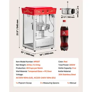 VEVOR Popcorn Machine, 8oz Stainless Steel Kettle, 800W Commercial Countertop Popcorn Maker, 48 Cups per Batch Theater Style Popper, with 2-Button Control Glass Wall PC Door 1 Scoop 3 Spoons, Red