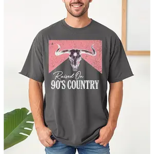 Graphic T-shirt, Raised on 90s Country, Vintage Distressed Bull Skull, Unisex Concert Tee for Western Style