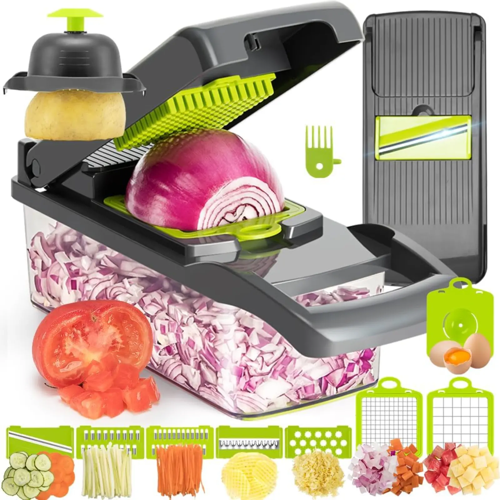 12-in-1 Grey Polycarbonate Mandoline Slicer & Fruit Cutter Set - Interchangeable Blades with Blade Swap, Container, Hand Guard, Drainer, Kitchen Utensils for Onion, Cucumber Prep