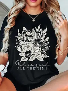 Women's Floral & Letter Print Round Neck Tee, Casual Short Sleeve T-shirt for Daily Wear, Ladies Summer, Womenswear
