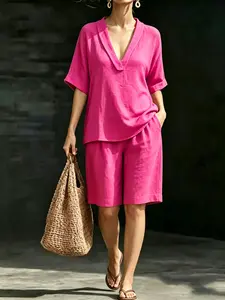 Minimalist High-End Linen Set, Chic Loose Fit Slimming Pocket Five-Pocket Pants Two-Piece Set, Comfortable and Stylish