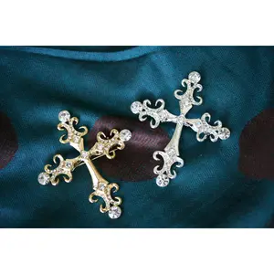 Rhinestone Cross Brooch, Gold Cross Pin, Silver Cross Pin