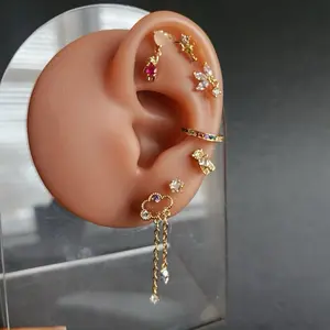 Decorative Ear Earrings - Gold-Colored Design with Decorative Elements and Charms