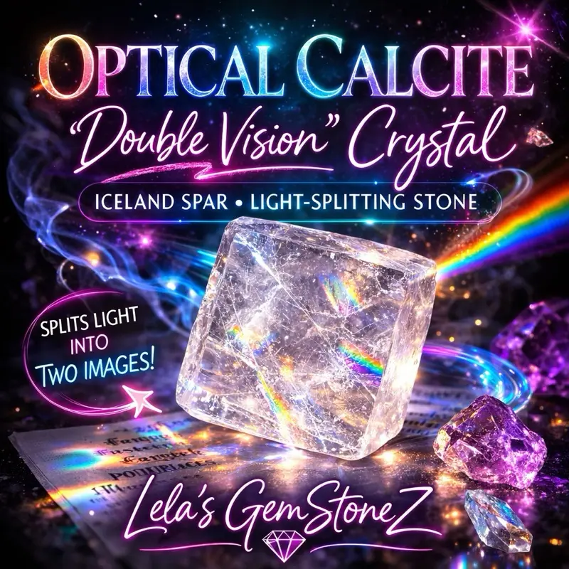 Lela's GemStoneZ Optical Calcite "Double Vision" Crystal Iceland Spar Light-Splitting Stone for Meditation Clarity & Mental Awareness Intention-Powered Natural
