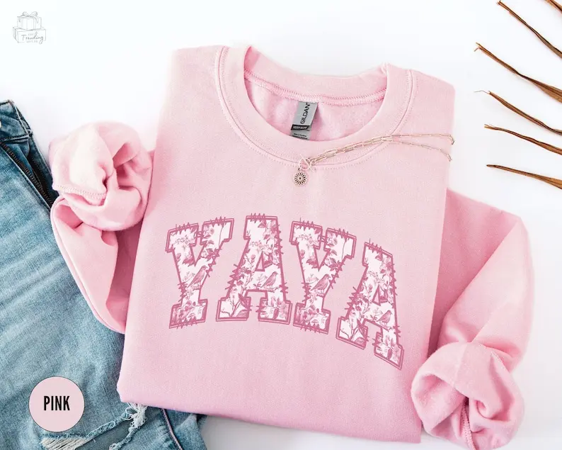 Toile De Jouy Yaya Sweatshirt, Floral Grandma Crewneck, Mothers Day Gift, New Grandma Gift, Granny Sweater, Pink Valentines Grandma Shirt