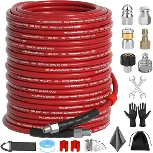 High-Pressure Sewer Drain Cleaning Red Hose Kit - 5800 PSI, 1/4 Inch NPT Corner Fitting, 3-Layer Reinforced Design, Complete Toolkit with Nozzles, Spanner, Waterproof Tape, Gloves, Towel