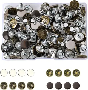 120 Sets Buttons for Jeans,No-Sew Metal Buttons Pins, Pants Button Replacement Tightener Repair Combo Thread Rivets(17mm)