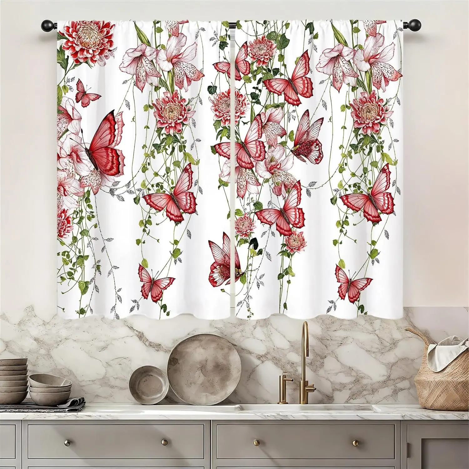 Floral Butterfly Kitchen Curtains Rod Pocket Pink Flower Lavender Lilac Spring Summer Leaves Small Short Cafe Curtains Girls Wildflower Window Treatment Drapes (27.5W X 39L Inch 2 Panels)