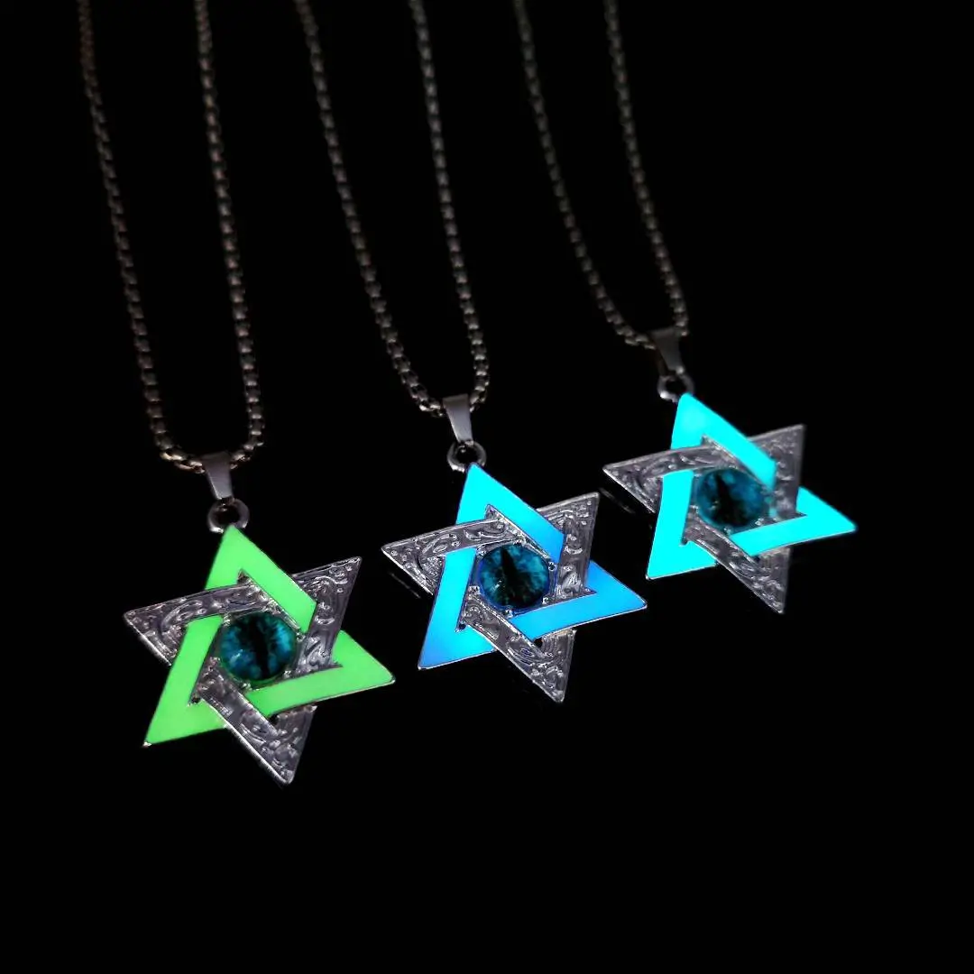 Trendy Hip Hop Glow in Dark Hexagram Pendant Necklace, Unique Evil Eye Six pointed Star Jewelry for Men & Women