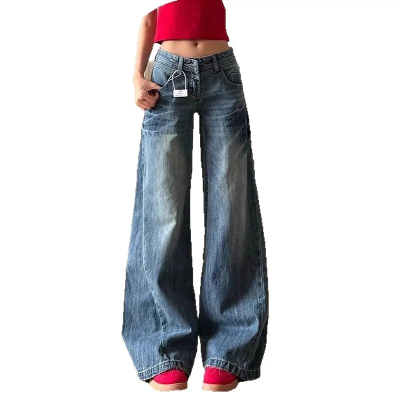 Women's Korean-style distressed low-rise jeans, new spring/autumn style, loose fit, wide-leg, floor-length.