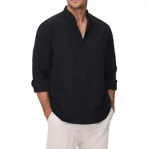 Cotton Linen Shirts for Men Lightweight Casual Long Sleeve Henley Beach Hawaiian Tops