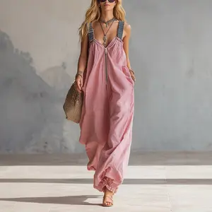 Lady's Long-Sleeve Polyester Flared Pants - Waist-Cinching, Fit, Figure-Flattering, Bohemian Loose Clothes with Sleeveless Spaghetti Strap Option, Premium Polyester Fabric