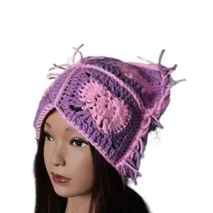 KnottieLove Distressed Beanies - Crochet Knit Handmade Granny Heart Cat Ear Beanie Soft Cozy Y2k Aesthetic One Size Fits Most Women's Unique Accessory