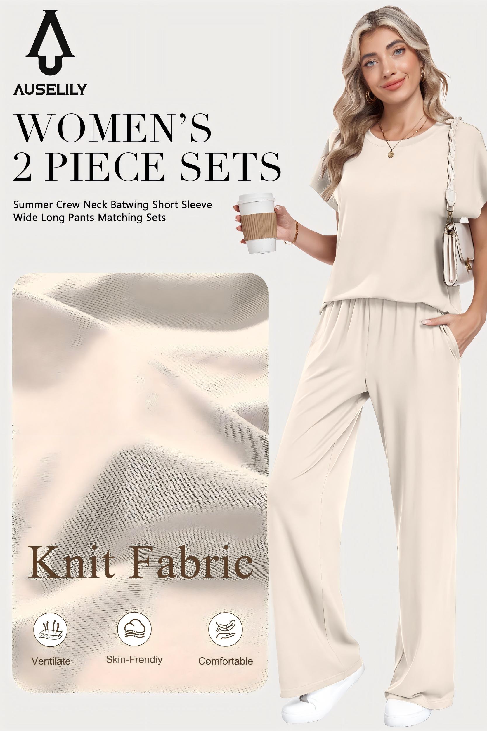 AUSELILY Cloud Soft 2 Piece Sets for Women Crew Neck Batwing Sleeve Top and Wide Leg Pants Lounge Casual Wear Home Outfit