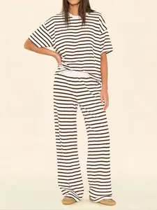 2 Piece Women's Summer Striped Loungewear Set, Lounge Pajamas, Oversized Tee & Wide Leg Pants Casual Outfit, Womenswear