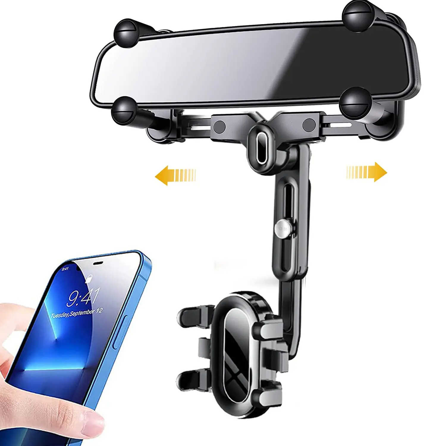 Rear View Mirror Phone Holder Mount, Car Phone Bracket/Stand with 360° Swivel and Adjustable Clips, Universal Smartphone Cradle, Black For All 4-7 Inc