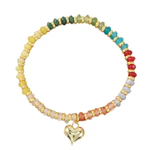 Trendy Bohemian Natural Stone Beaded Bracelet Multicolor Heart Crystal Elastic Bracelet for Daily Wear Versatile Jewelry Gift