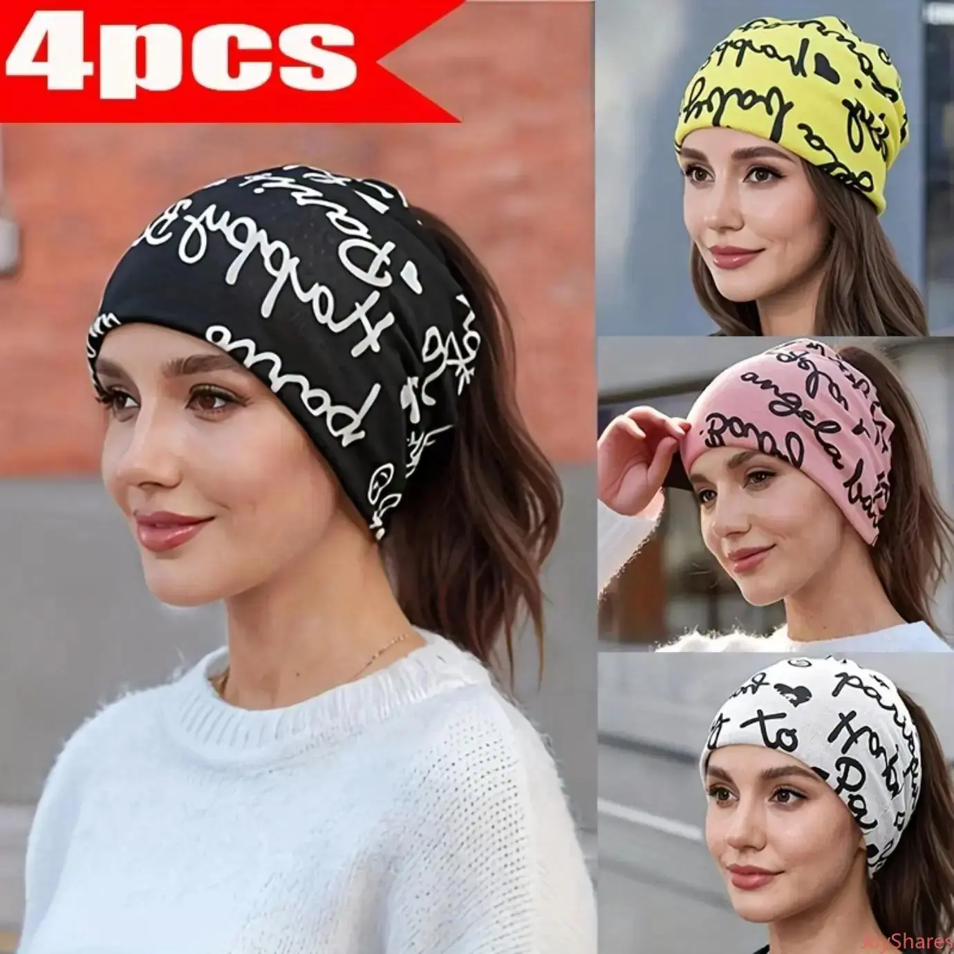 Women's 4-Piece Printed Letters Brimless Beanie Set - Warm Soft Winter Hats with Neck Gaiter, Headbands, Skin-Friendly Multifunctional Accessories for Adult Chemo Patients, Ideal for Daily Wear, Set Of Four