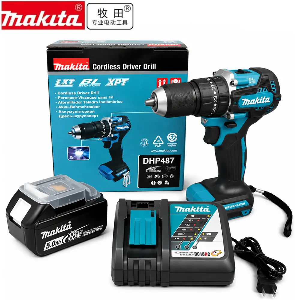 Makita DHP487 18V Brushless Cordless Drill Driver - Ergonomic Design, Compact Electric Screwdriver, Handheld Power Tool with Batteries for Garage Repair, DIY, Outdoors Projects, Furniture Installation