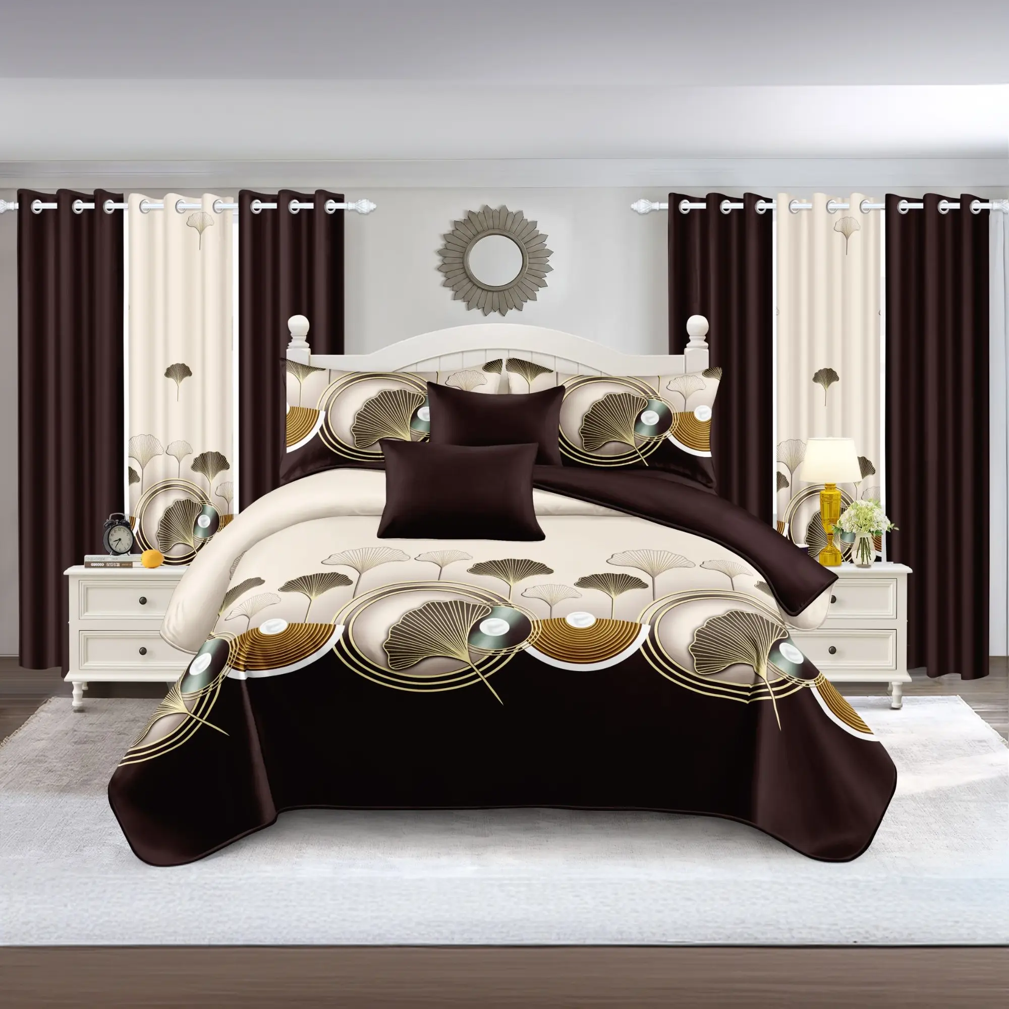 9 piece lotus bedroom set, brown black lotus bedding set, 2 in 1 bedspread quilt, bamboo microfiber bedding, all season lightweight bedspread, matching bedding and curtain set, printed pillowcase curtain set, apartment home decor, machine washable bedding