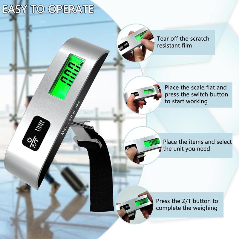 Portable Digital Luggage Scale with Green Backlight LCD Display, 110 Pounds Capacity, Waterproof & Wear-Resistant, Ideal for Travel, Backpacks & Packages, Battery Included