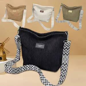 Women's Essential Casual Minimalist Crossbody Shoulder Solid Color Tote for Commuting and Shopping Corduroy Lightweight Comfortable Textured Material Adjustable Strap Detachable Hook Durable Hardware Smooth Zipper Closure Compact Interior Storage