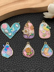 6pcs Fashion Enamel Flower Butterfly Bee Charm French Exquisite Imitation Pearl Heart Shape Pendant for DIY Bracelet Necklace Earrings Jewelry Making Craft Accessories