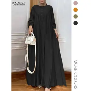 Women's Plain Plicated Button Loose Dress, Casual Bishop Sleeve Round Neck Long Dress for Fall & Winter, Women's Clothing for Daily Wear, Classy Modest Dresses