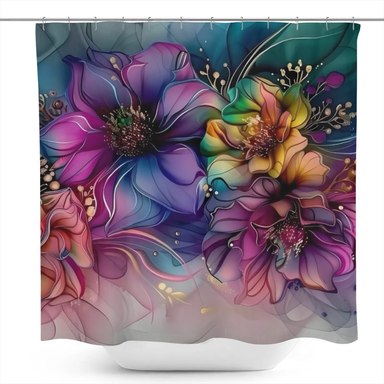 1Pc Transparent Colorful Floral Art Shower Curtain - Waterproof Washable Polyester Fabric, 12 Hooks Included, 71in W X 71in H, Modern Art Design, Bathroom Decoration