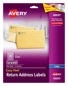 Avery Matte Clear Return Address Labels, Sure Feed Technology, Inkjet, 2/3" x 1-3/4", 600 Labels (88695)