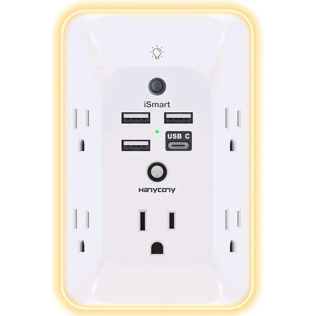 Extensor de toma de corriente con luz nocturna, toma de corriente múltiple, cargador de pared USB, protector de sobretensiones, 4 puertos de carga USB (1USB C), extensor divisor de toma de corriente