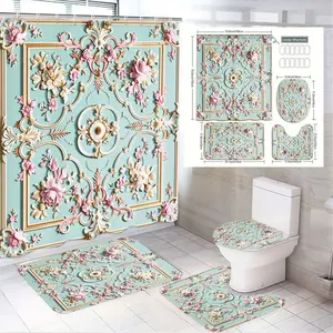 1/4pcs Floral Bathroom Curtain Set, Shower Curtain Sets - Light Blue Pink Cream Floral Motif Shower Curtain, Bath Mat, Small Mat, Toilet Seat Cover with Decorative Borders - Classic Pastel for Valentine'S Day, Mother'S Day, Home Decor Home Goods