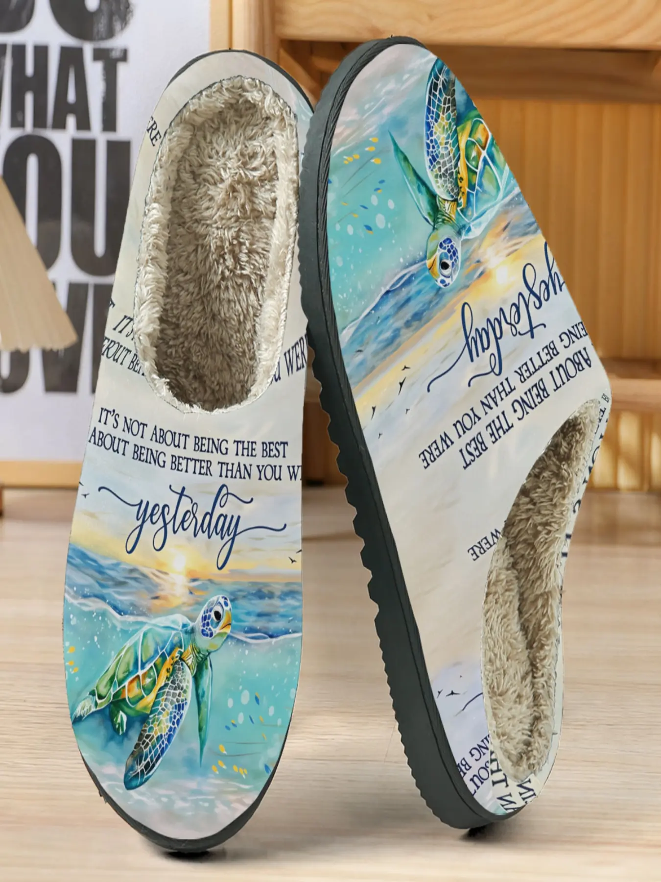 Turtle Theme Healing Cotton Slippers, Light, Ocean Elements & Positive Message, Soft Plush Lining, Casual Home Wear