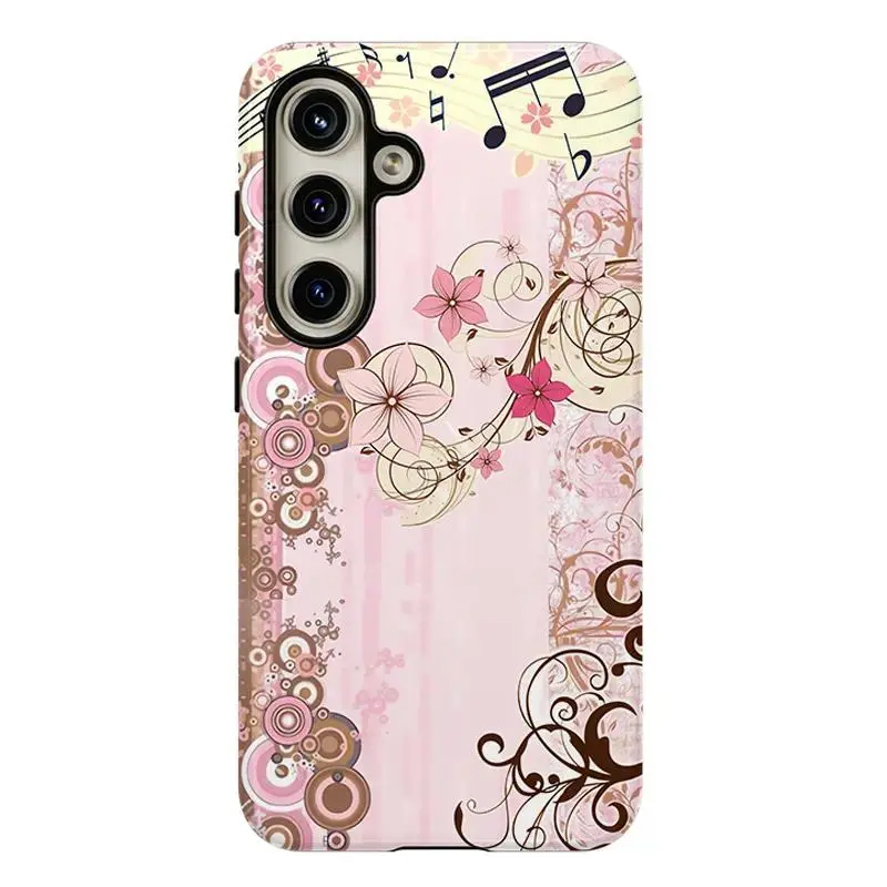 Vintage Music Notes & Floral Dual-Layer 2-in-1 Protective Shockproof Rugged Cellphone Case, Soft TPU & Hard Bumper Casing Cover for Samsung S26 S25 S24 S23 S22 S21 NOTE20 Ultra A71 A56 A36 Plus FE A06 A57 A14 A15 A16 A23 A25 A26 A34 A52 A53 A54 A55 Edge