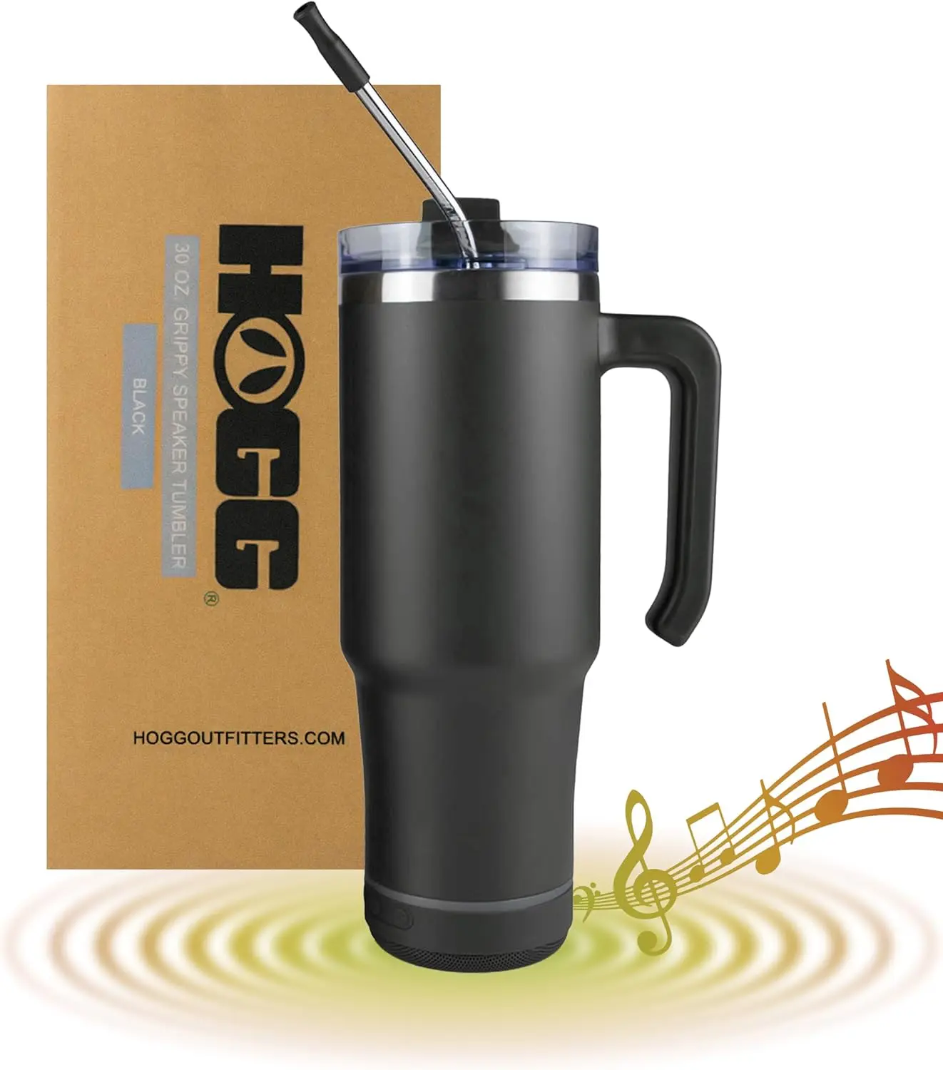 Hogg 30 Oz Grippy Bluetooth Tumbler - Black Stainless Steel Insulated Water Bottle with Handle and Speaker, Kitchenware Vacuum Flask, Gifts for Music Lovers