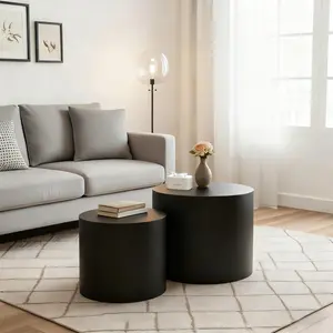 Nesting Coffee Table Set of 2, Modern Round Coffee Table with Non-Slip Feet, Wood Side Table for Living Room, Bedroom, Office, Balcony, Teace,Small Space, No Assembling, Matte Black
