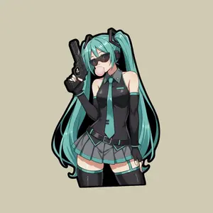 Hatsune Miku Anime Twin Tail Gun Girl Sticker, Bubble Gum Waifu Tactical Style, Anime Action Decal
