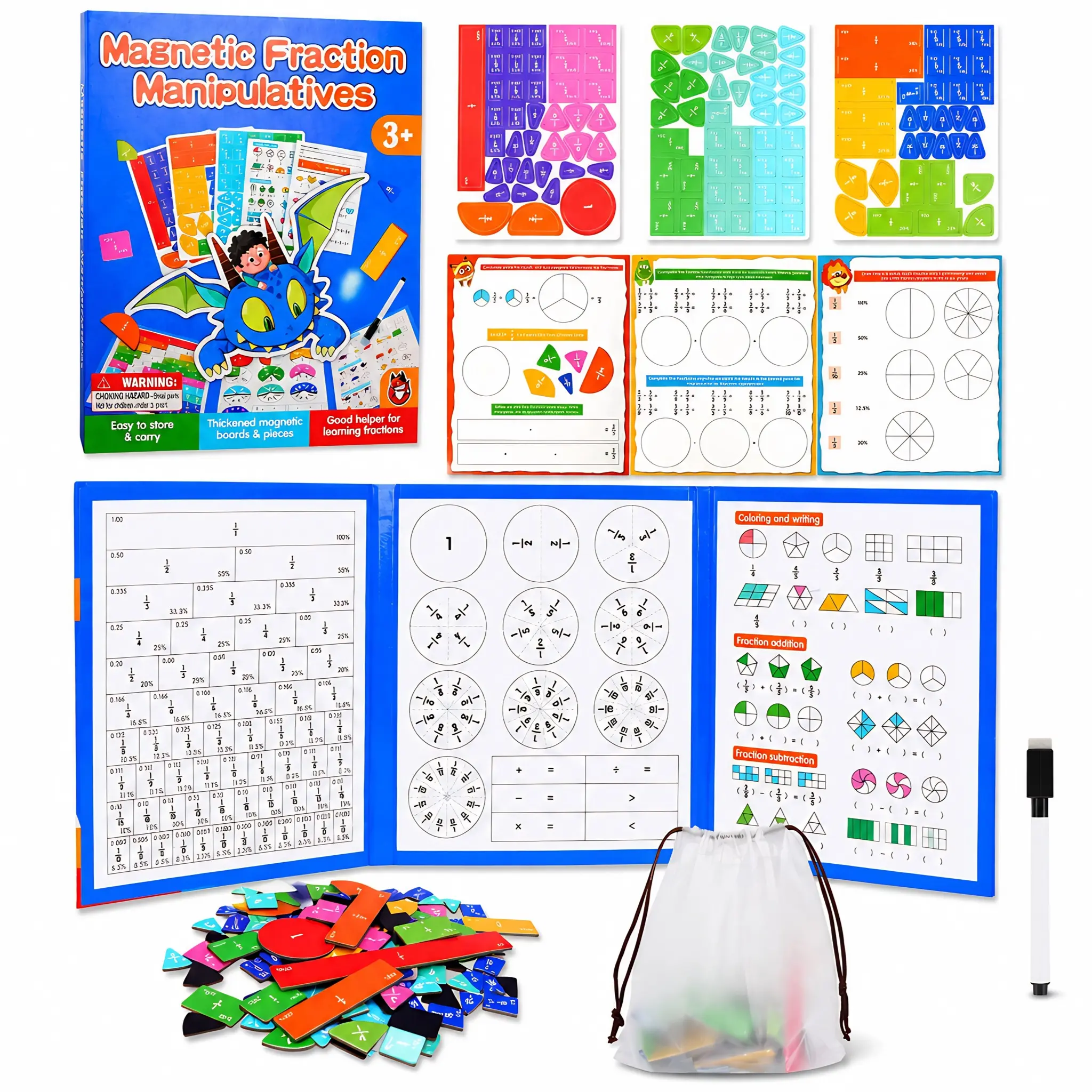 Vindstier Magnetic Fraction Math Book Unisex STEM Learning Tool, Montessori Preschool Learning Materials Study Kit for 3-8 Year-Olds, Visual Fraction Tiles, Dry-Erase Activity Board, Gifts for Kids, Classroom Supplies, Develops Fine Motor Skills