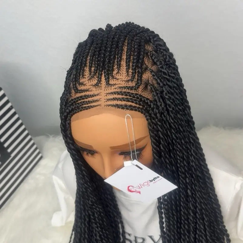 WIGSBYITO Black Cornrows for Women Twist with Curly Tips 360 Full Lace ...