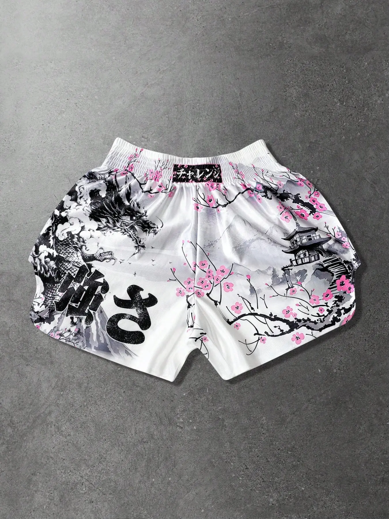 Unisex American Street Style Muay Thai Graphic Loose Fit Shorts, Japanese Cherry Blossom Dragon Boxing Pants, Y2K Gothic Streetwear for Anime Culture Lovers, Fashionable Summer Shorts