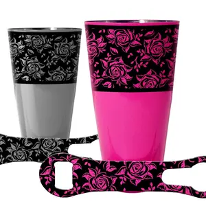 Printed Tin Cocktail Shaker and V-Rod® Bar Utensils Set - Roses, Neon Design, Bottle Opener Included, Multiple Color Options