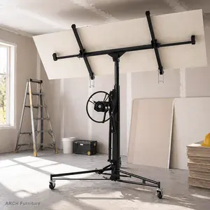 Heavy Duty Steel Drywall Panel Hoist Jack Lifter, 11' Lift Height, Hand Crank with Winch Brake, Black Tool Organizer for Garage & Construction Use