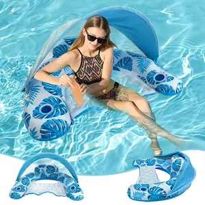 1 Pcs Inflatable Pool Floats Adult With Canopy, Pool Chair Lounge Float Raft Heavy Duty WithSun Shade Cover, Cup Holders, Water Pool Floaties Inflatable Leaf Pattern Swimming Bed, WithSunshade, Foldable Floating Water Lounge Chair With Cup Hold