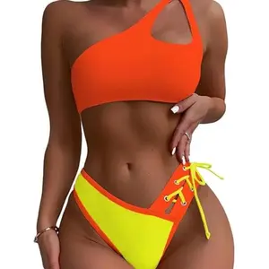 SwimWeekWomen's Cheeky Cutout One Shoulder Bikini Color Block V Cut High Leg Two Pieces Swimsuit