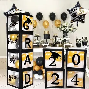 2024 Graduation Party Decoration Black Balloon Boxes with Letters 2024 Grad & So Proud of You and 20 pcs Ballons