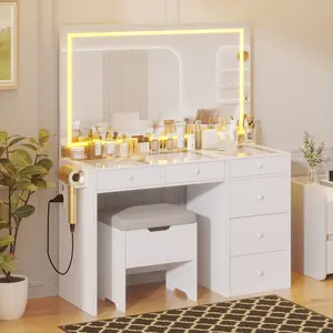 VECELO 47.3"W Vanity Desk With Power Port 6 Drawers LED Touch Screen Lighted Mirror White Vanity Makeup Desk And Storage Stools Set Dressing Small Makeup Table Charging Station For Bedroom